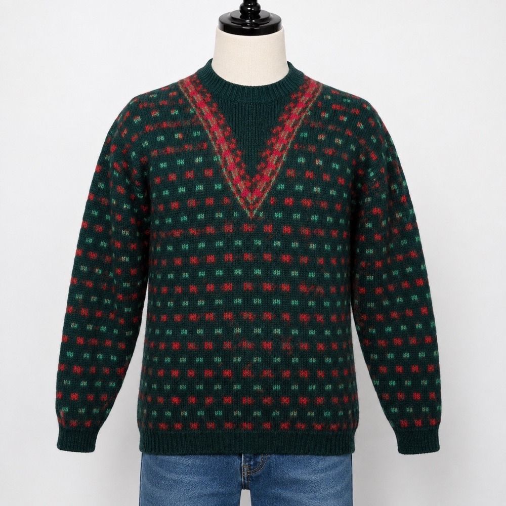 Vintage Benetton Mohair Wool Sweater Size 48 Green Red Geometric Italy